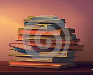 Stack of books on wooden table with a pastel gradient wall background. Generative ai