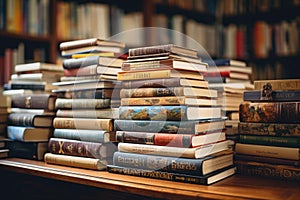 Stack of Books on Wooden Table, A Pictorial Depiction of Knowledge and Learning, Classic paperback books stacked high on a desk,