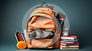 A stack of books, writing instruments and a backpack on a background of a wooden surface.