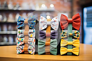 stack of boxed bow ties on a shelf with price tags