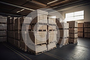 stack of boxes in a warehouse, ready to be shipped