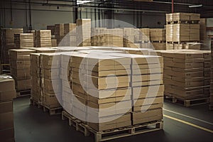 stack of boxes in a warehouse, ready to be shipped