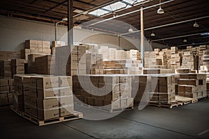 stack of boxes in a warehouse, ready to be shipped