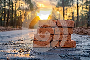 A stack of bricks on a paved road in a forest at sunset