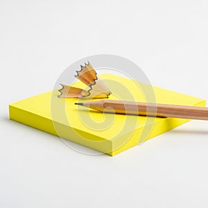 Yellow Sticky Notes with Pencil and Pencil Shavings on White Background notepad paper