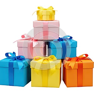 A stack of brightly colored gift boxes with ribbons