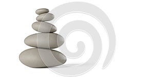 Stack of brown balancing zen pebbles or stones on white background with copy space, 3D illustration, zen, spa or beauty therapy