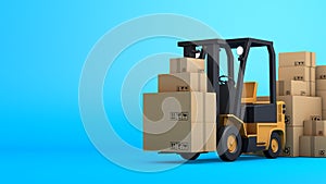Stack of brown box packaging and forklift, shipping business, 3d rendering