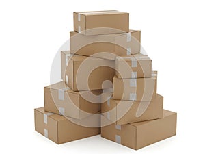 Stack of brown cardboard boxes isolated on white background