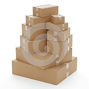 Stack of brown cardboard boxes on white background