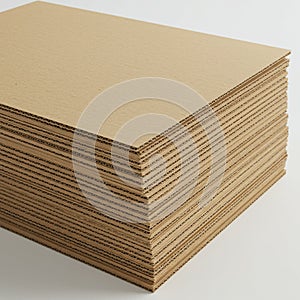 Stack of brown corrugated cardboard sheets, neatly aligned on a plain white