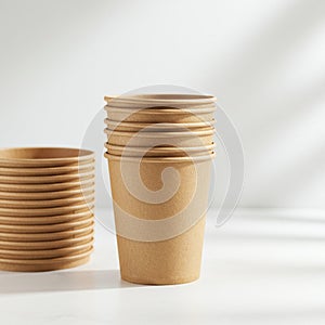 A stack of brown, disposable paper cups arranged on a white surface. The cups are