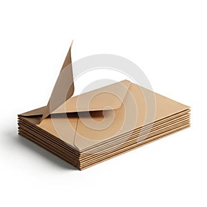 Stack of brown envelopes with one open on top isolated on white background