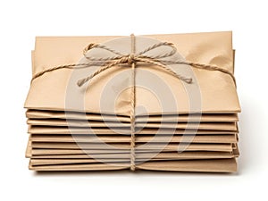 Stack of brown envelopes tied with string isolated on white background