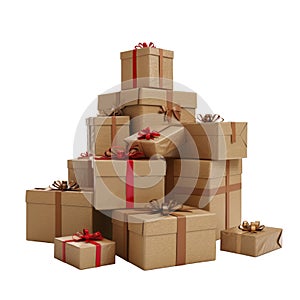 Stack of Brown Gift Boxes with Red and Gold Ribbons