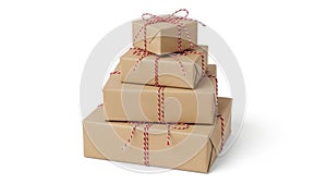 Stack of brown gift boxes with red ribbons