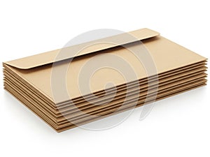 A stack of brown paper envelopes on a white background isolated on white background