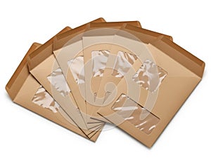 Stack of brown paper envelopes with window, isolated on white background