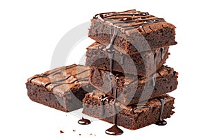 a stack of brownies with chocolate drizzled on top, isolated on white background - generated by ai