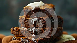 A stack of brownies with chocolate and nuts