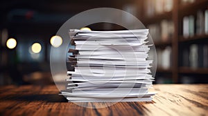 Stack of business documents on a wooden desk. AI generated
