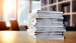 Stack of business documents on a wooden desk. AI generated