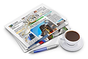 Stack of business newspapers and coffee cup