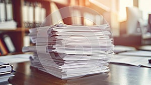 A stack of business reports and documents sitting on a wooden table