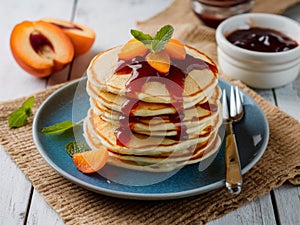 Stack of Buttermilk Pancakes with Apricot Jam and Fresh Fruit on Rustic Table