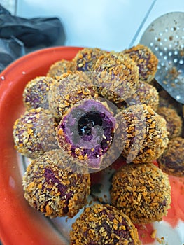 stack of cakes made from purple sweet potatoes