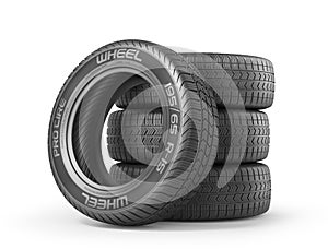 Stack of car tires without brand on a white background.