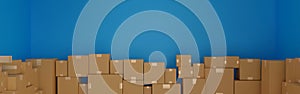 Stack of cardboard box carton or parcel in logistics warehouse. concept of delivering goods. Banner 3D rendering