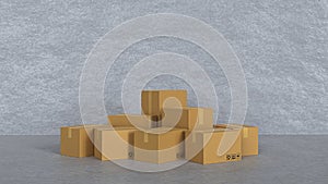 Stack of cardboard box with concrete wall, distribution warehouse  store for transportation concept 3d rendering