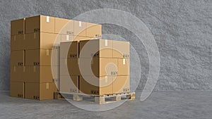 Stack of cardboard box with concrete wall and wooden pallete, distribution warehouse  store for transportation concept 3d