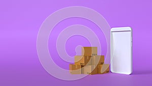 Stack of cardboard box in front of white mobile phone on purple background, online shopping concept idea, 3d rendering