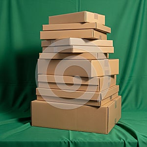 Stack of cardboard boxes arranged against a green fabric backdrop. The boxes are of