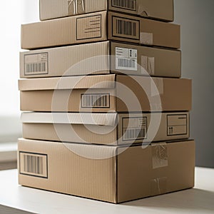 Stack of cardboard boxes arranged on a white table, each featuring barcodes and