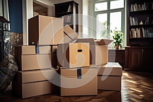 Stack of cardboard boxes with household belongings on wooden floor in living room of old classical style house. Moving