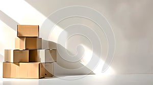 Stack of cardboard boxes illuminated by sunlight in a minimalistic style. Perfect for moving day concepts or storage