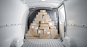 Stack of cardboard boxes inside a delivery van ready for shipping and transportation