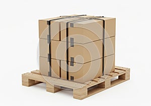 Stack of cardboard boxes on pallet isolated on white background