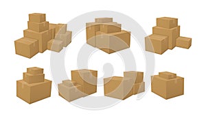 Stack of cardboard boxes set isometric vector illustration