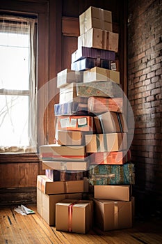 stack of cardboard boxes with shipping labels