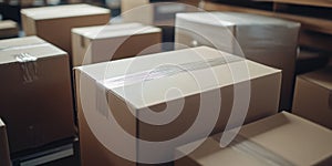 A stack of cardboard boxes in a warehouse