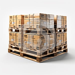 Stack of Cardboard Boxes on Wooden Pallets. Stack of brown cardboard boxes neatly arranged. Pallets are stacked on top