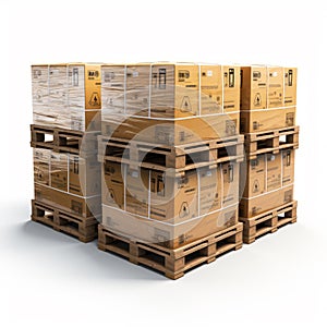 Stack of Cardboard Boxes on Wooden Pallets. Stack of brown cardboard boxes neatly arranged. Pallets are stacked on top