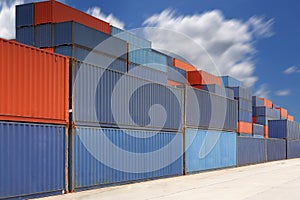 Stack of cargo containers at container yard with cloud