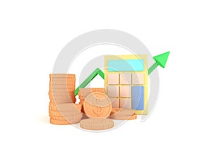 Stack of cartoon coins and calculator with line graph arrow on white background. Money savings and financial investment concept