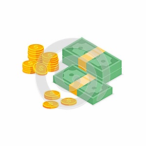 Stack of cash banknotes and coins flat style isometric view.