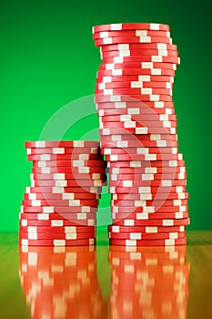 Stack of casino chips against background